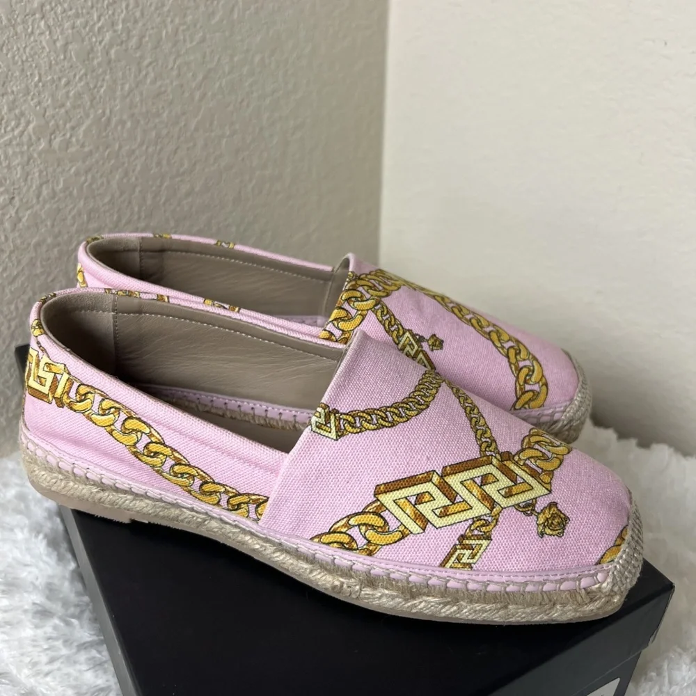 Versace Pink & Gold Chain Print Espadrilles - Picture 2 of 8